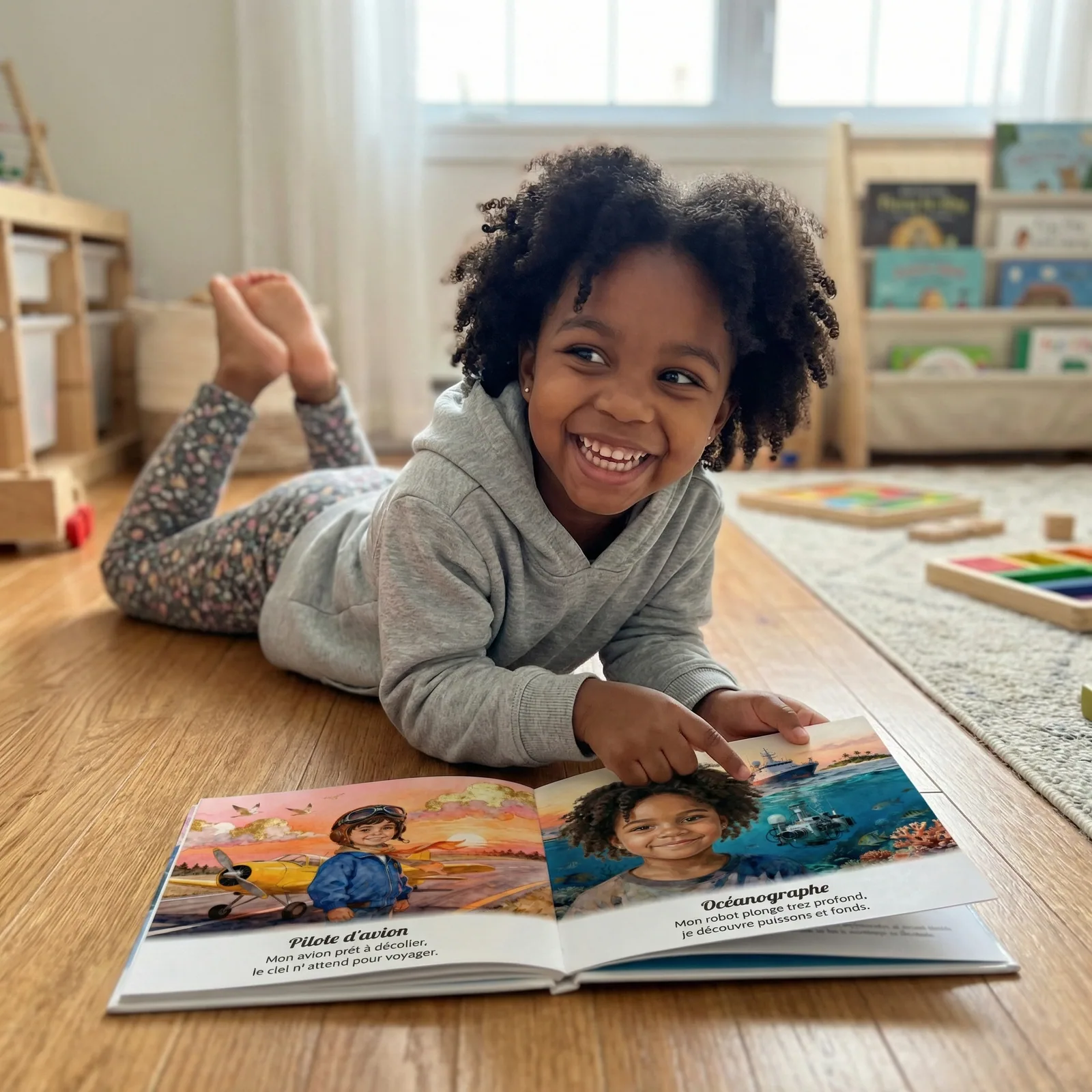 Aaliyah, ravie de lire son livre personnalisé Petit Héros