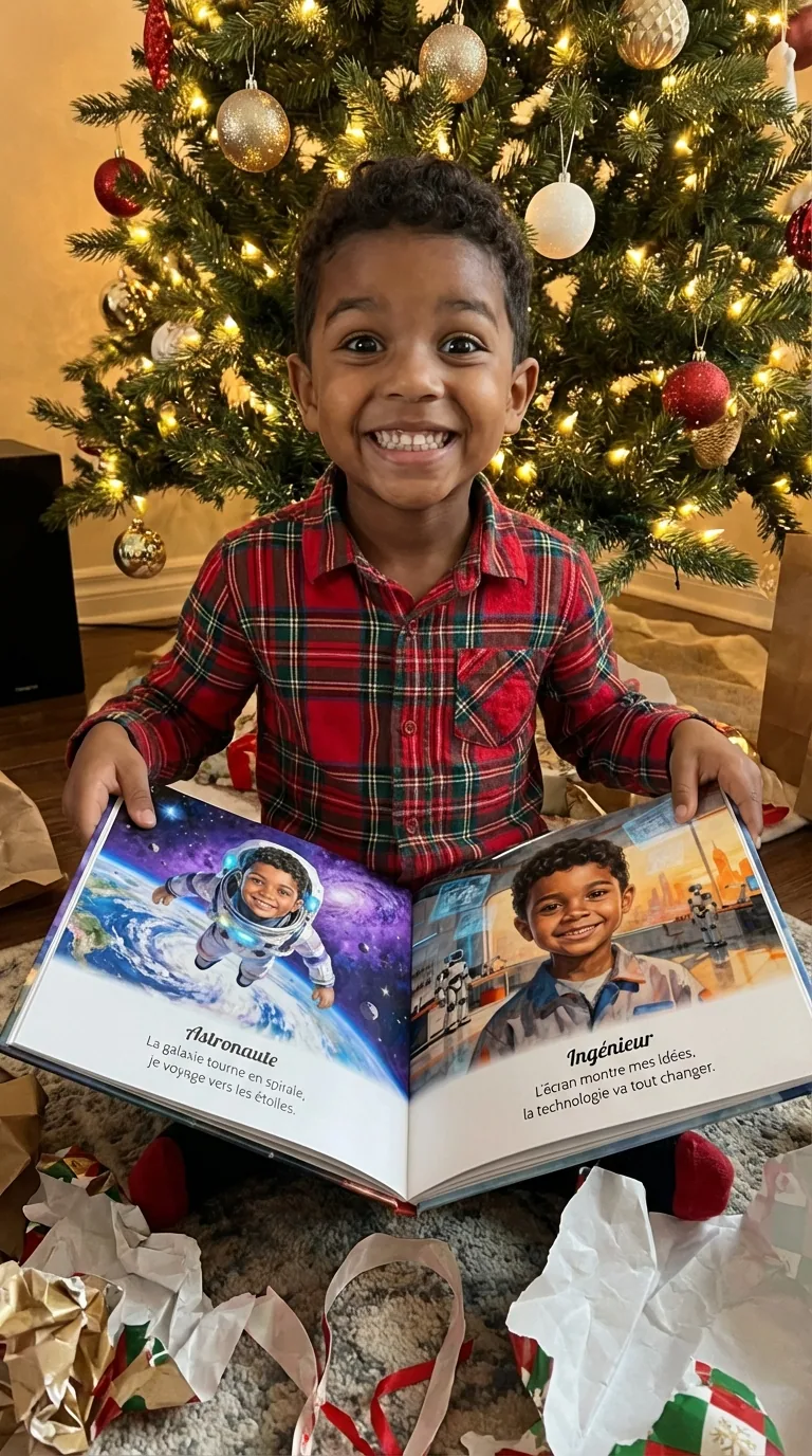 Adam découvre son livre personnalisé le matin de Noël