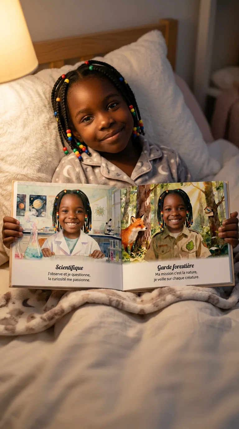 Amina, lovée avec son livre personnalisé avant de dormir