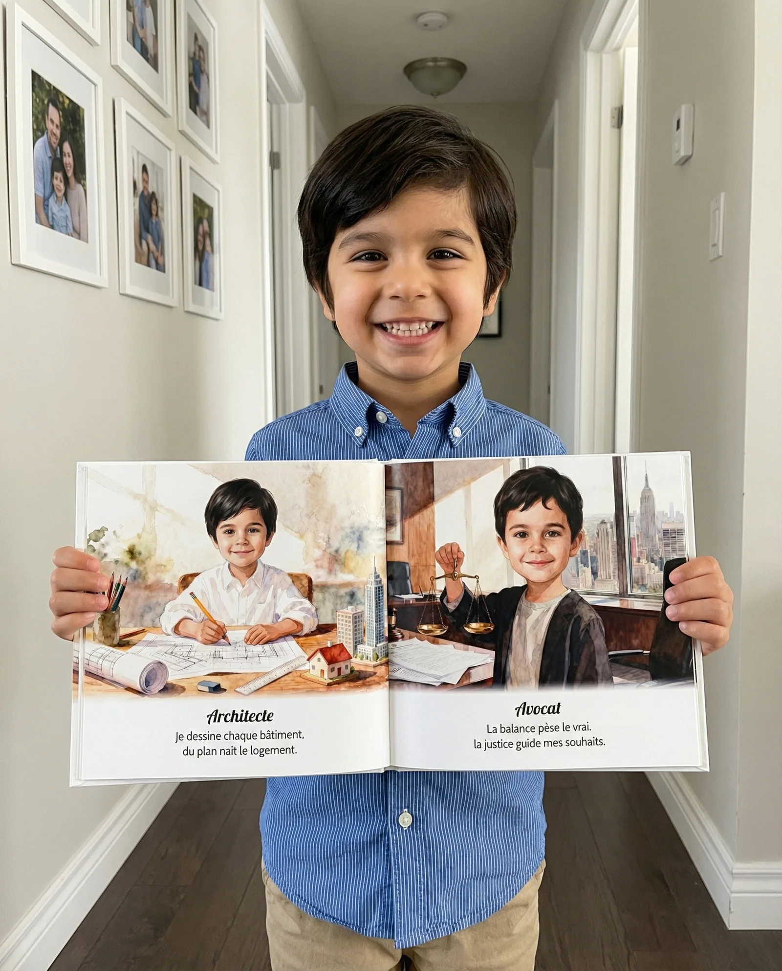 Diego, heureux de découvrir son livre personnalisé avec photo
