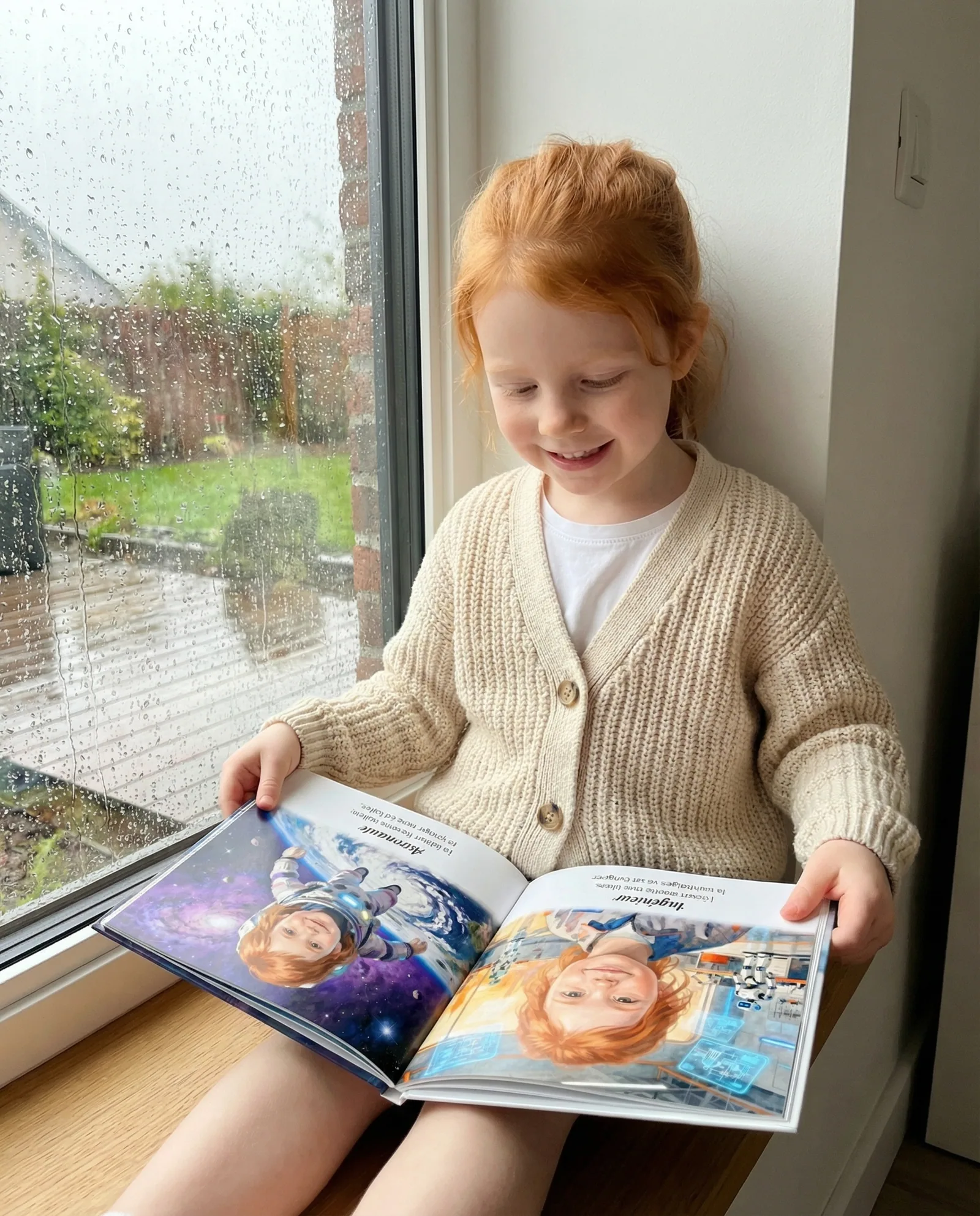 Emma, souriante avec son livre personnalisé avec photo