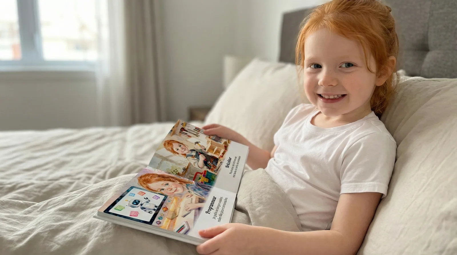 Emma découvre son livre personnalisé avec émerveillement