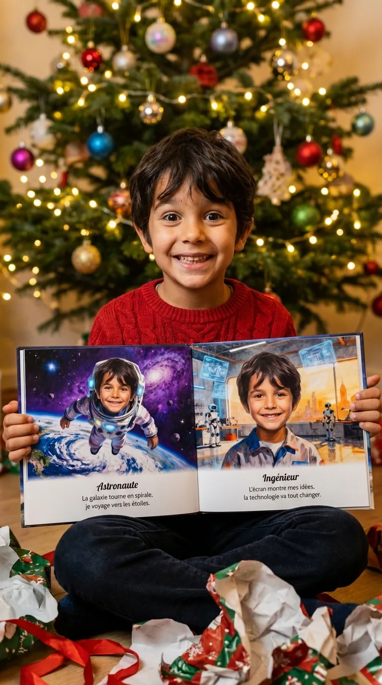 Gabriel ouvre son livre personnalisé le matin de Noël