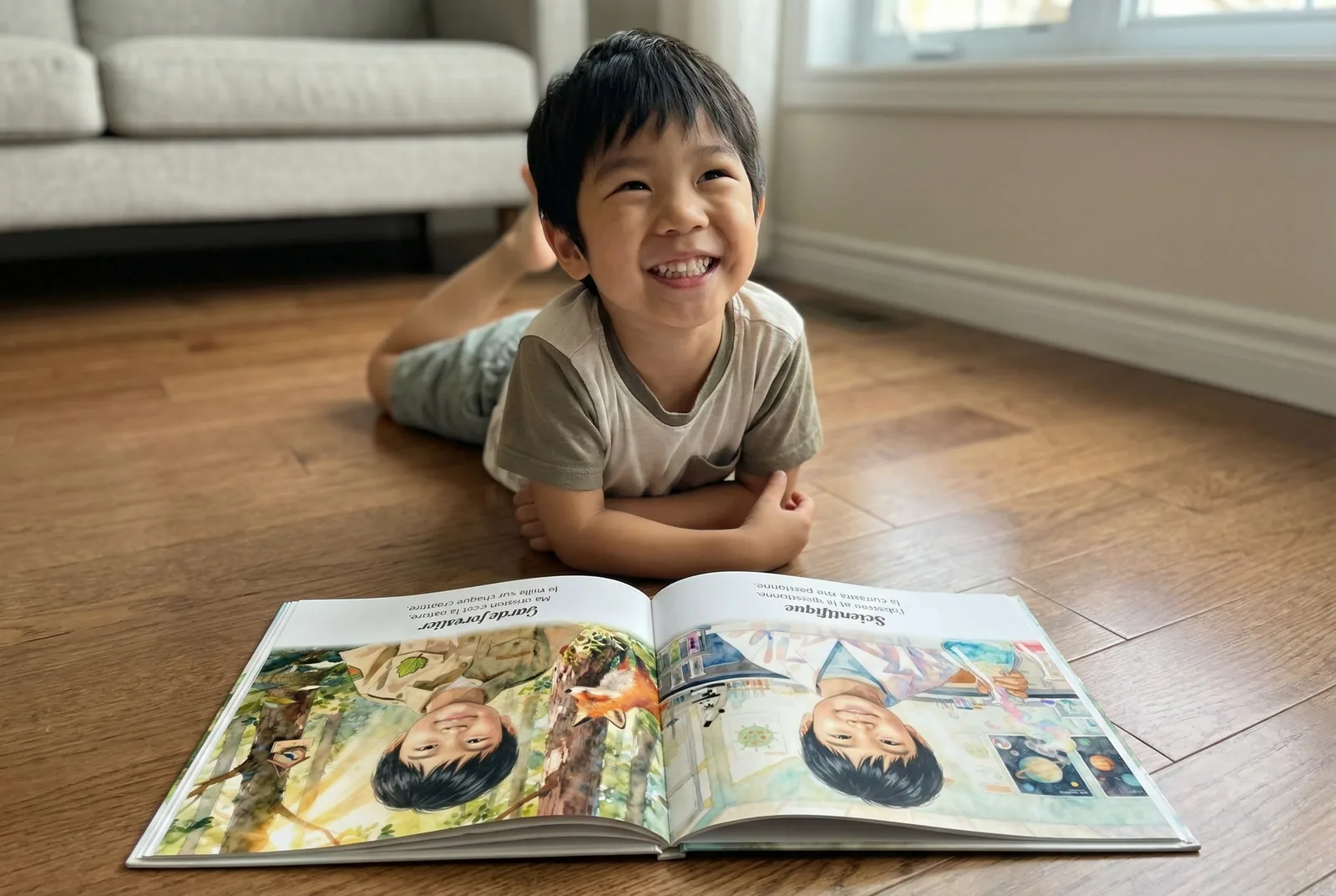 Kai, heureux de découvrir son livre personnalisé