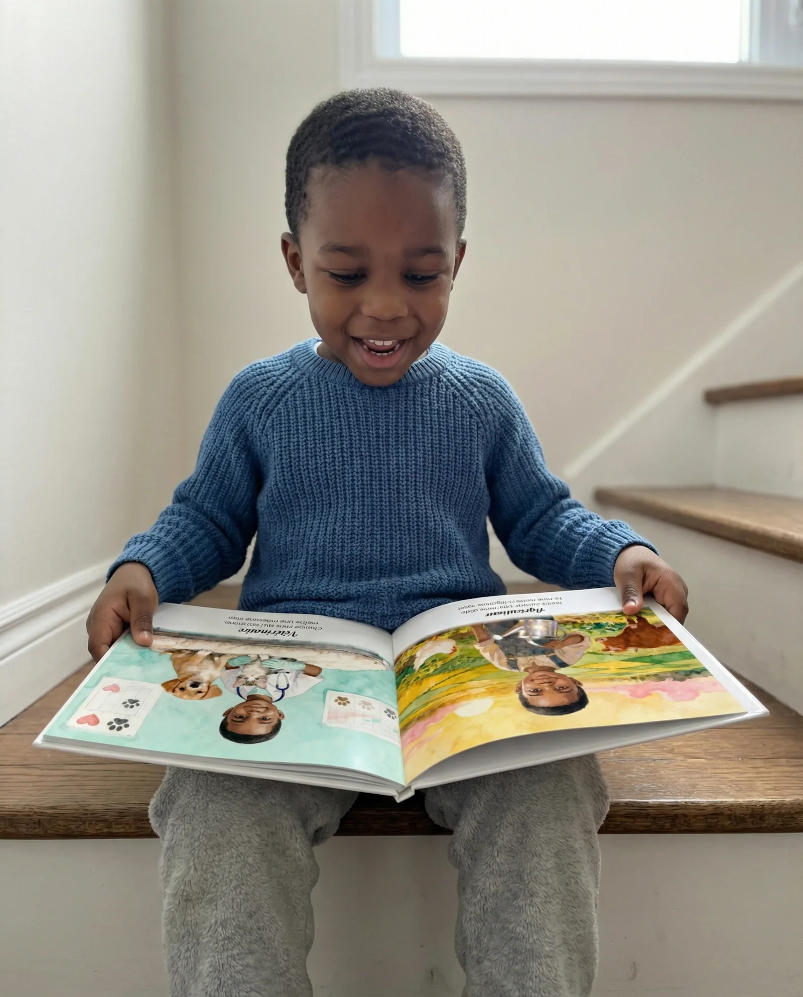 Malik, heureux d'apprendre à lire avec son livre personnalisé