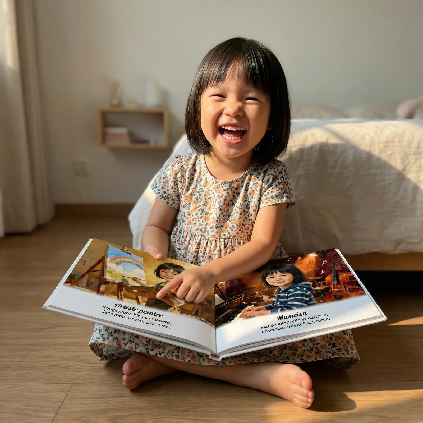 Une petite fille souriante avec son livre personnalisé