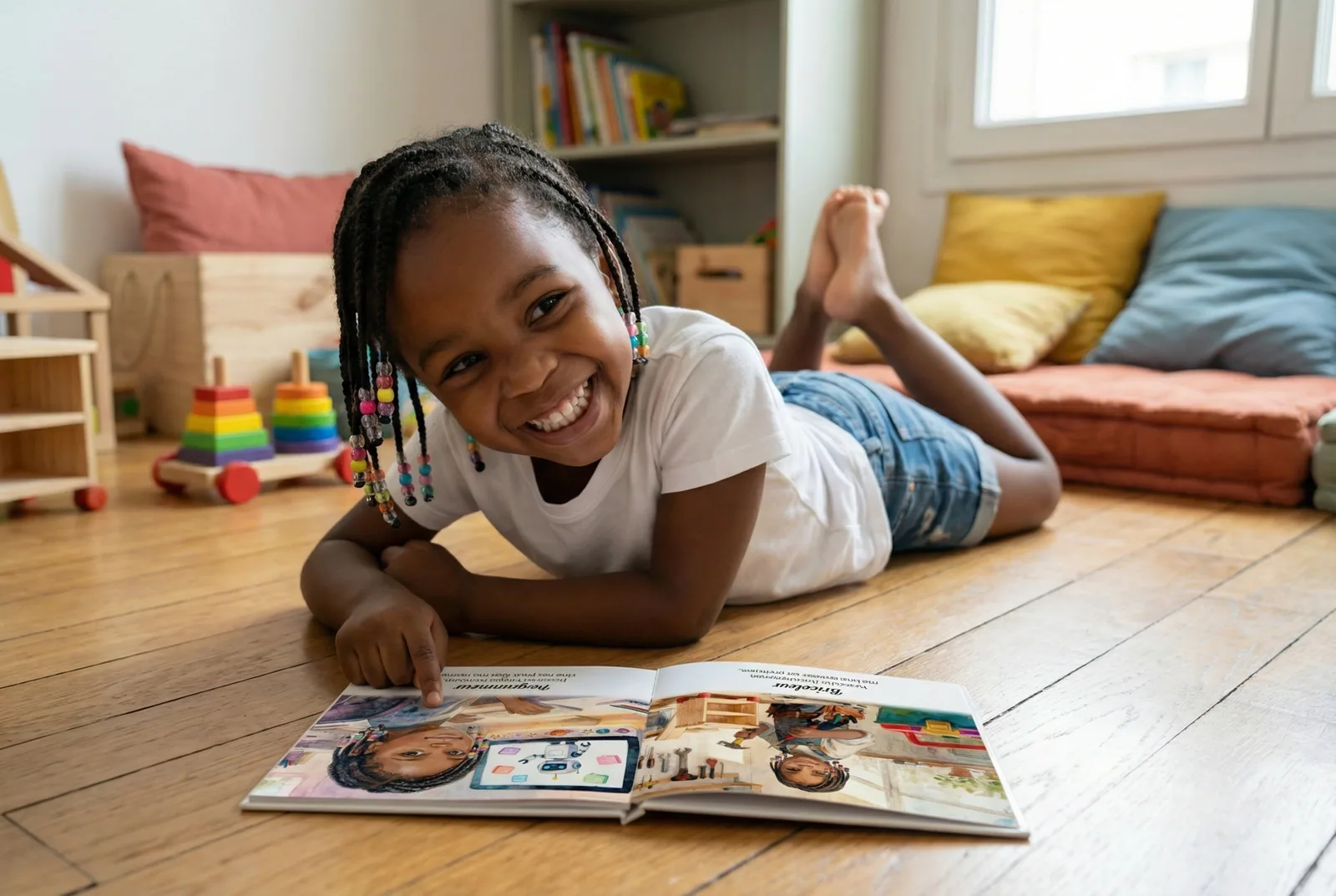 Nia, ravie de feuilleter son livre personnalisé d'anniversaire