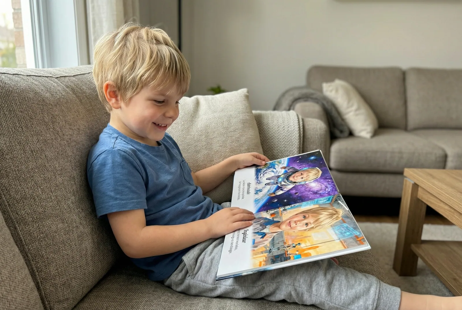 Noah plongé dans la lecture de son livre personnalisé