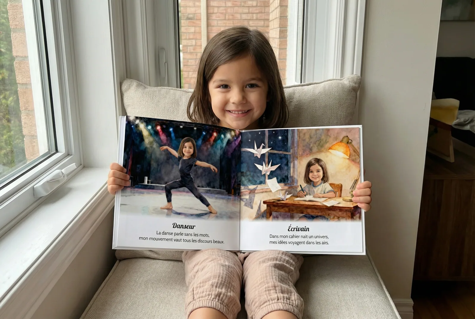 Sofia, heureuse avec son livre personnalisé cadeau baptême