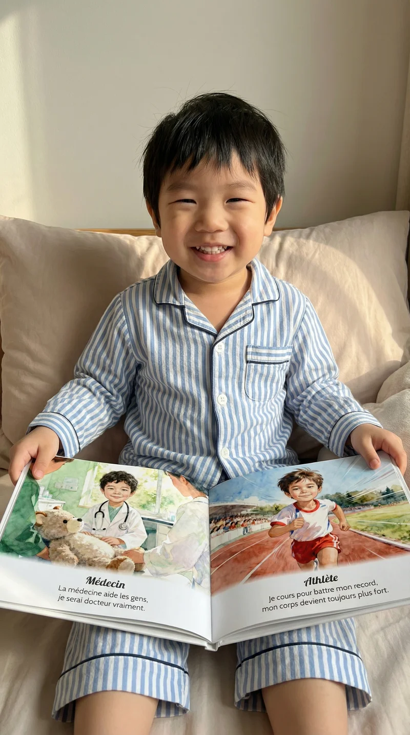 Liam, 3 years old, reading their personalized book