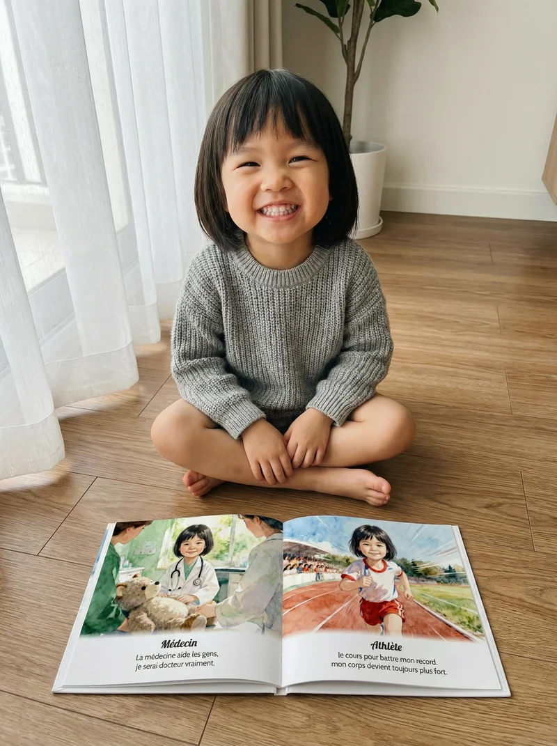 Maya, 3 years old, reading their personalized book