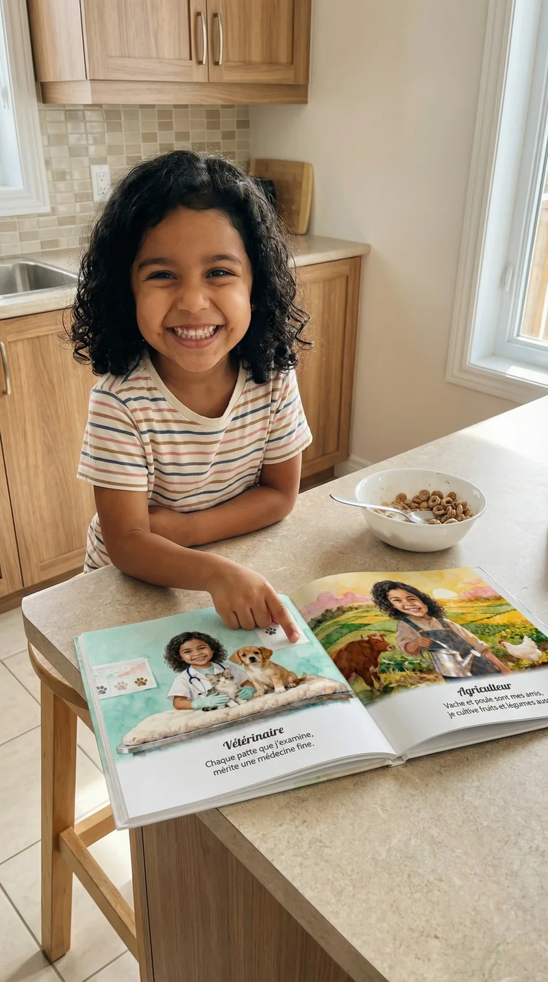 Isabelle, 5 years old, reading their personalized book