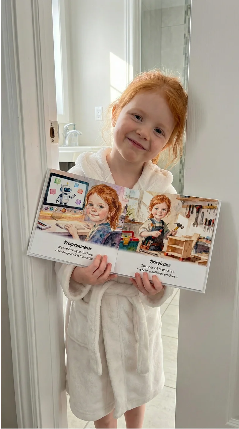 Emma, 4 years old, reading their personalized book