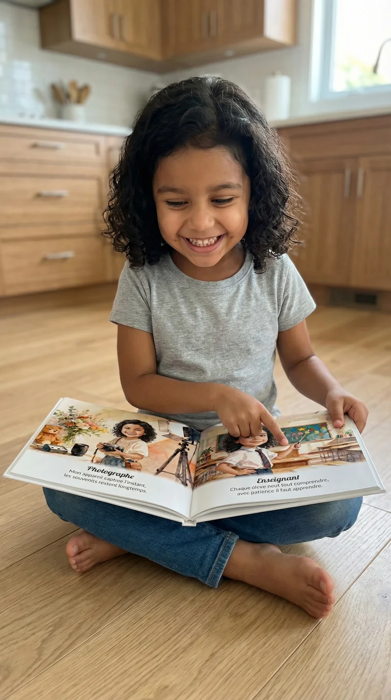 Isabelle, 5 years old, reading their personalized book